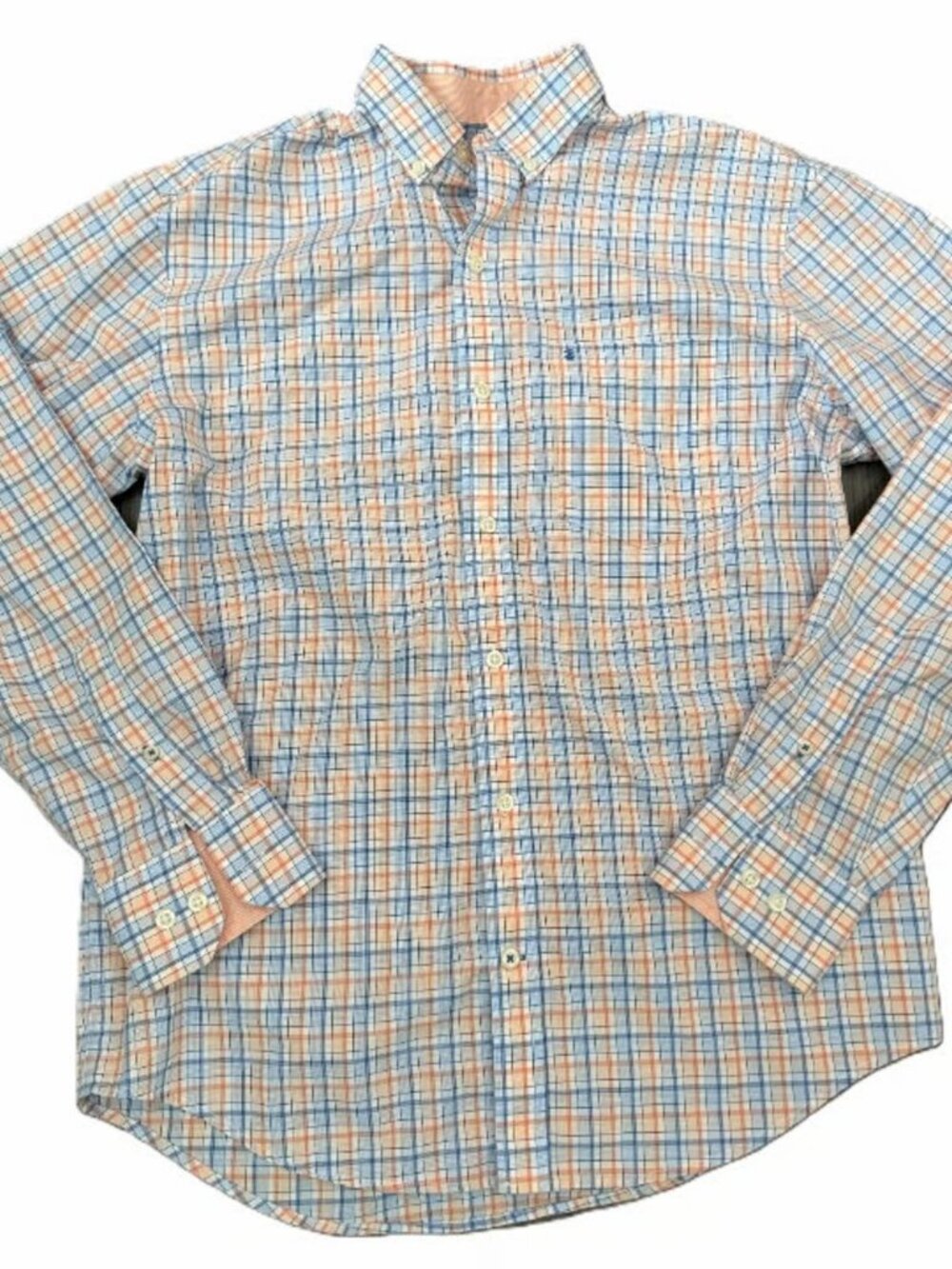 IZOD Men's Premium Essentials Blue/White/Peach Plaid Long Sleeve Button Up Size